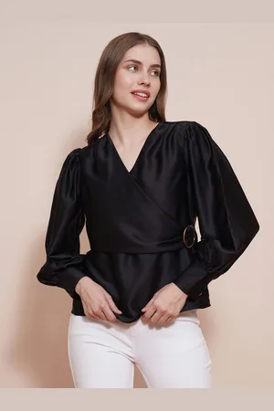 Globus Women Black Wrap Neck Cuffed Sleeves Buckle Detail Satin Workwear Top