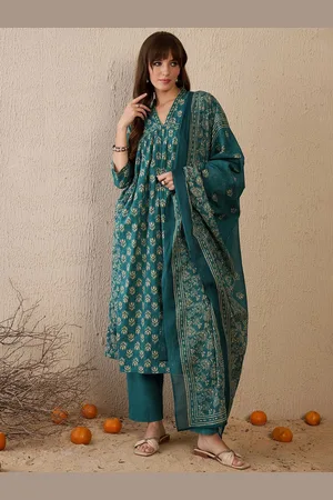 Indo Era Women Floral Printed Empire Pure Cotton Kurta with Trousers & With Dupatta