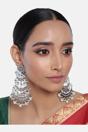 I Jewels Oxidised Silver-Plated & White 3 Layered Kundan and Pearl Studded Chandbalis