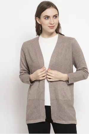 Gipsy Women Acrylic Beige Self Design Cardigan Sweater