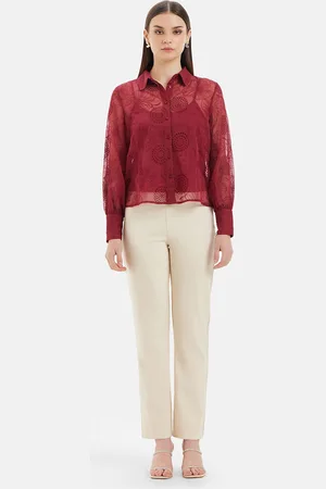 Kazo Spread Collar Comfort Floral Embroidered Chiffon Shirt