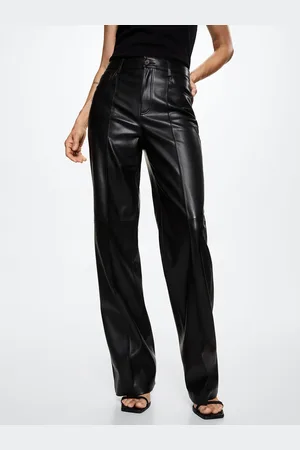 MANGO Women Black RegularFaux Leather High-Rise Parallel Trousers