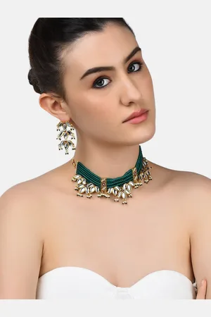 Zaveri Pearls Gold-Plated Green & White Kundan-Studded Beaded Jewellery Set
