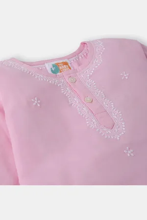 THE BABY LABEL Unisex Kids Floral Embroidered Regular Thread Work Pure Cotton Kurta with Pyjamas