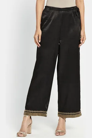 Fabindia Women Black Relaxed Mid-Rise Lace-UP Parallel Trousers