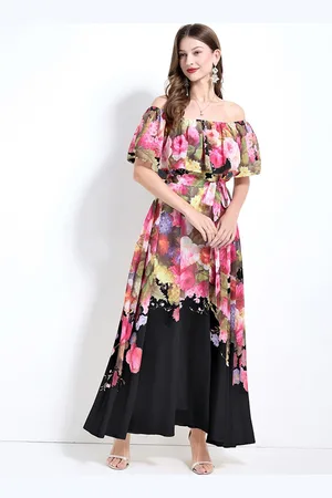 JC Collection Floral Print Off-Shoulder Cape Sleeve Maxi Dress