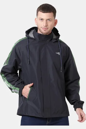 T-BASE Men Navy Blue & Green Solid Waterproof Rain Jacket