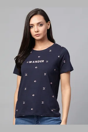 Roadster Women Navy Blue Pink Printed Round Neck Pure Cotton T-shirt