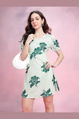 DressBerry Floral Print Puff Sleeves Wrap-Style Satin A-Line Dress