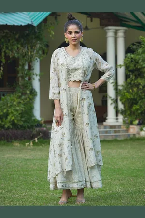 SCAKHI 3 Piece Printed Crop Top & Sharara With Shrug Co-Ords