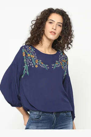 Gipsy Women Navy Blue Printed Blouson Top