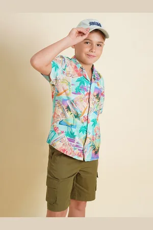 JACK & JONES Boys Cuban Collar Graphic Printed Cotton Casual Shirt