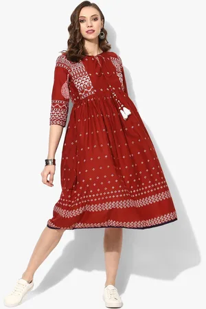 Sangria Maroon Printed Fit and Flare Dress