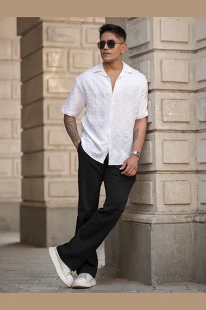 Powerlook Men Oversized Fit Cuban Collar Vertical Striped Cotton Casual Shirt