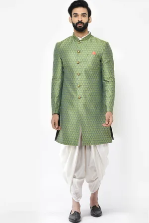 KISAH Men Green Woven-Design Cotton Sherwani Set