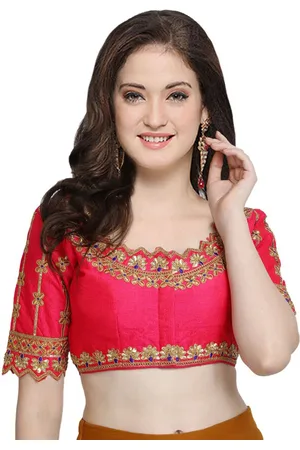 Sumaira Tex Women Peach-Colored & Gold-Colored Embroidered Readymade Saree Blouse