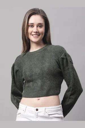 NoBarr Women Round Neck Cable Knit Acrylic Crop Pullover