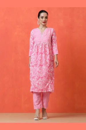 Jaipur Floral Printed V-Neck Empire A-Line Kurta With Trousers