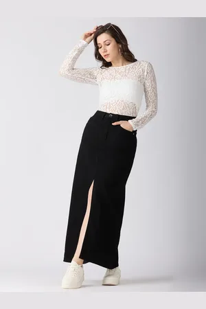 Globus Women Black Solid Mid-Rise Front Slit Straight Maxi Denim Skirt