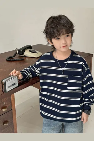 LULU & SKY Boys Striped Round Neck Cotton Relaxed Fit T-shirt