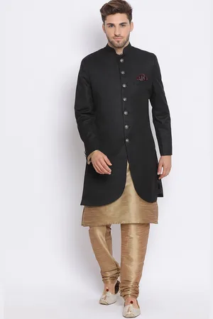 Hangup Men Black & Gold-Color Solid Sherwani Set