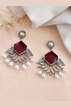Dastoor Silver-Plated Stone-Studded & Beaded Oxidised Contemporary Drop Earrings