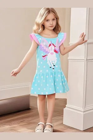 LULU & SKY Girls Blue Graphic Polka Dot Print Flutter Sleeve Drop-Waist Dress