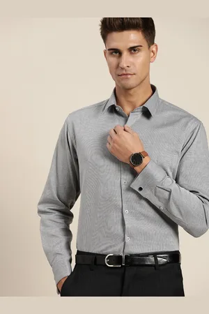 HANCOCK Men Grey Self Design French Cuff Pure Cotton Slim Fit Formal Shirt
