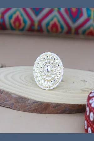 I Jewels White Gold-Plated Kundan Handcrafted Adjustable Finger Ring