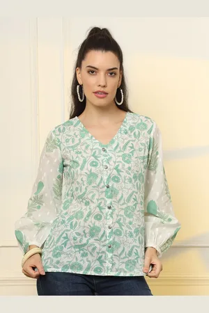 Yufta Women Floral Printed Bishop Sleeves Pure Cotton Peplum Top