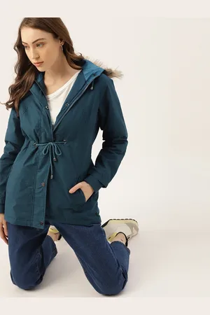DressBerry Women Teal Blue Solid Hooded Parka Jacket