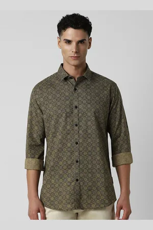 V Dot Men Spread Collar Floral Printed Cotton Slim Fit Casual Shirt