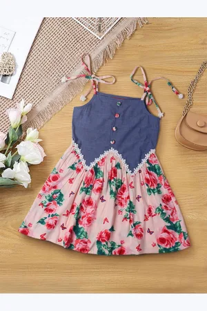 pspeaches Girls Floral Print Tie-Ups Shoulder Straps Fit & Flare Dress