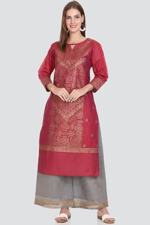 Elthia Key Hole Neck Ethnic Motif Printed Beads And Stones Pure Silk Kurta with Palazzos