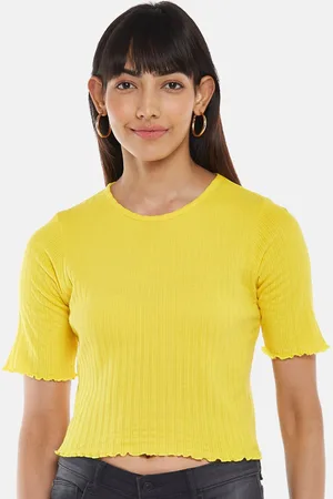 PEOPLE Womens solid Yellow Crop Top