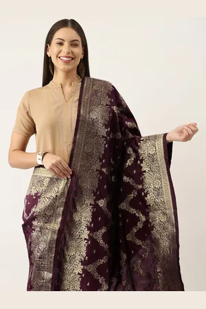 silk land Purple & Gold-Toned Ethnic Motifs Woven Design Pure Banarasi Silk Dupatta