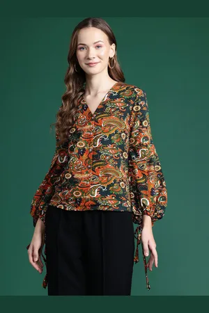 Deewa Women Ethnic Motifs Printed Puff Sleeve Crepe Shirt Style Top