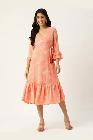 DressBerry Women Printed Bell Sleeve Wrap Midi Dress