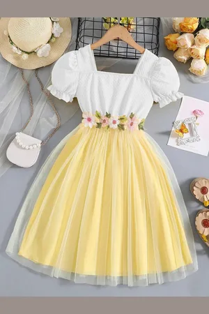 Miss & Chief Embellished Puff Sleeve Net A-Line Dress