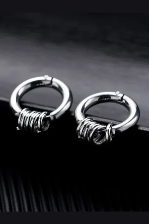 Peora Men Stainless Steel Silver-Plated Circular Shaped Hoop Earrings With Red Rose