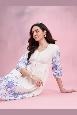 DressBerry Floral Printed Puff Sleeve Fit & Flare Midi Dress
