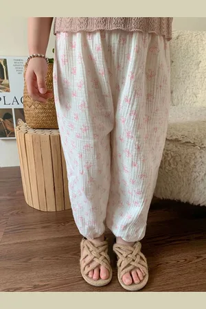 LULU & SKY Girls Floral Printed Tapered Fit High-Rise Trousers