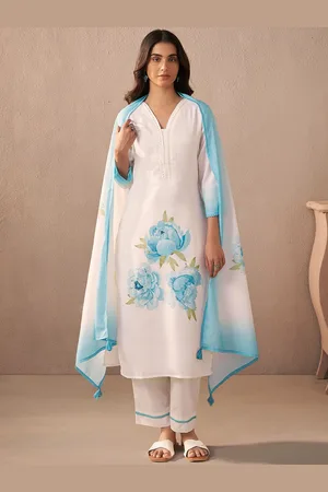 Indo Era Women Floral Printed Regular Sequinned Linen Kurta with Trousers & With Dupatta