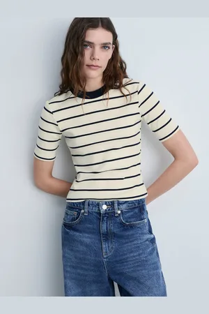 MANGO Women Striped Pure Cotton T-shirt