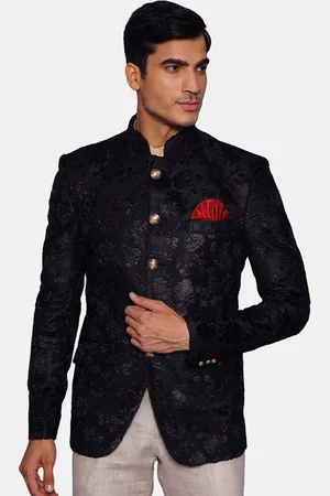Wintage Men Black Self Design Bandhgala Ethnic Blazer