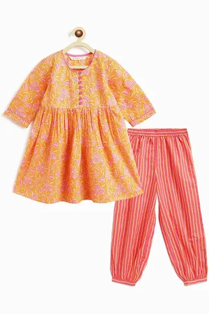 Campana Girls Floral Printed Pleated Pure Cotton Kurti with Salwar
