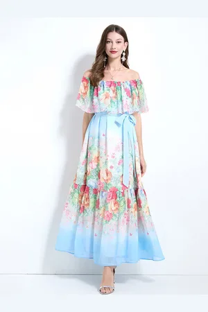 JC Collection Floral Print Off-Shoulder Flared Sleeve Maxi Dress