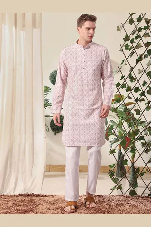 Pro-Ethic STYLE DEVELOPER Men Ethnic Motifs Embroidered Angrakha Thread Work Pure Cotton Kurta with Pyjamas