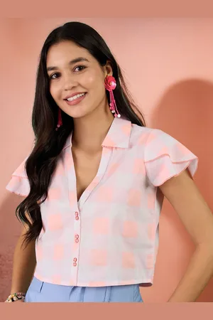 Sangria Checked Pure Cotton Shirt Style Collar Boxy Top
