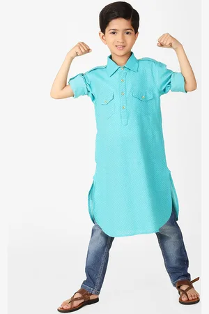 Fabindia Boys Geometric Woven Design Dobby Pathani Cotton Kurta